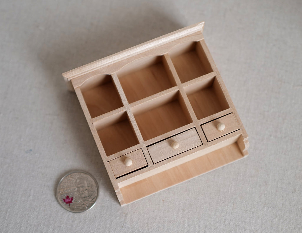 1:12 Scale Miniature Unpainted Wood Kitchen Wall Shelf, 6 Cubbies, Scalloped Top, 3-1/16 inch tall, DIY Dollhouse Supply