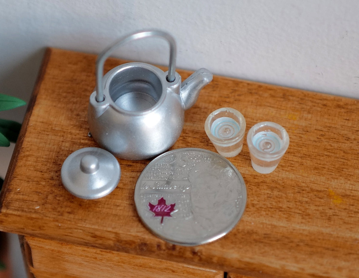 Miniature Water Boiler Pot with 2 Glasses 1:12 Scale Dollhouse Silver Kettle Set of 3 - E097