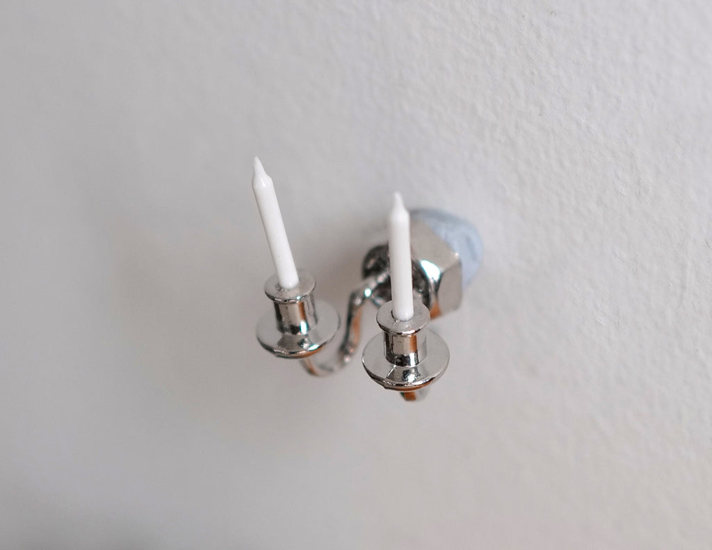 1:12 Scale Miniature Wall Sconce, 2 Arms with Candles, 1-1/4 inch tall, DIY Dollhouse Supply (silver) (non-electric)