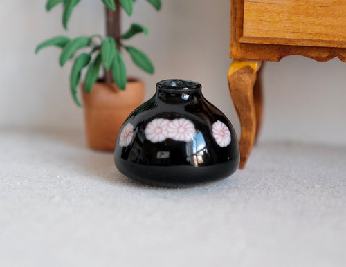 1:12 Scale Miniature Black Ceramic Squat Vase, White and Pink Polka Dots, 1 inch tall, DIY Dollhouse Supply