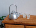 Miniature Water Boiler Pot with 2 Glasses 1:12 Scale Dollhouse Silver Kettle Set of 3 - E097