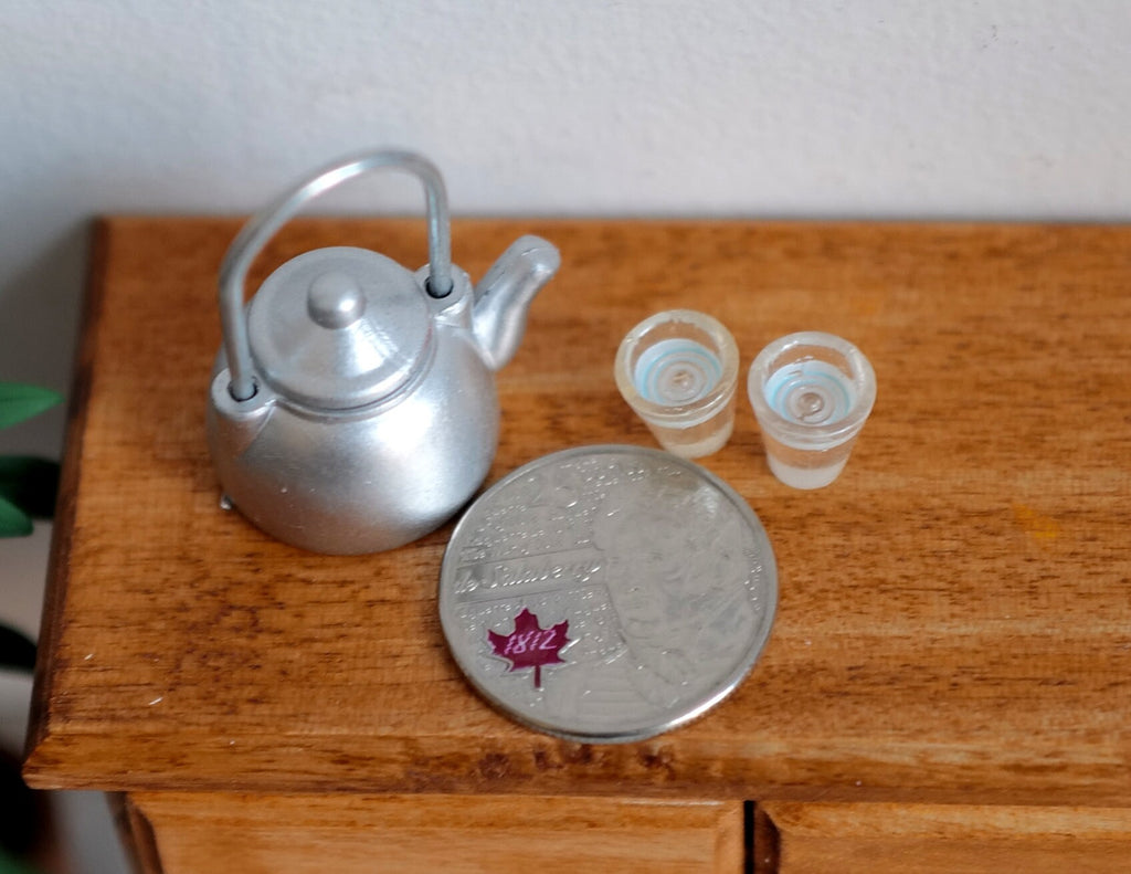 Miniature Water Boiler Pot with 2 Glasses 1:12 Scale Dollhouse Silver Kettle Set of 3 - E097
