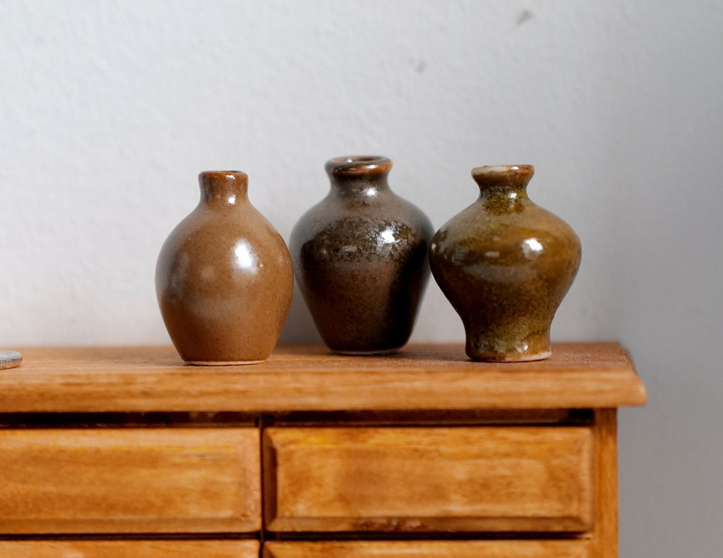 1:12 Scale Miniature Ceramic Jug Vases, Assorted Shapes, Set of 3, 1 to 1-3/8 inch tall, DIY Dollhouse Supply (brown)