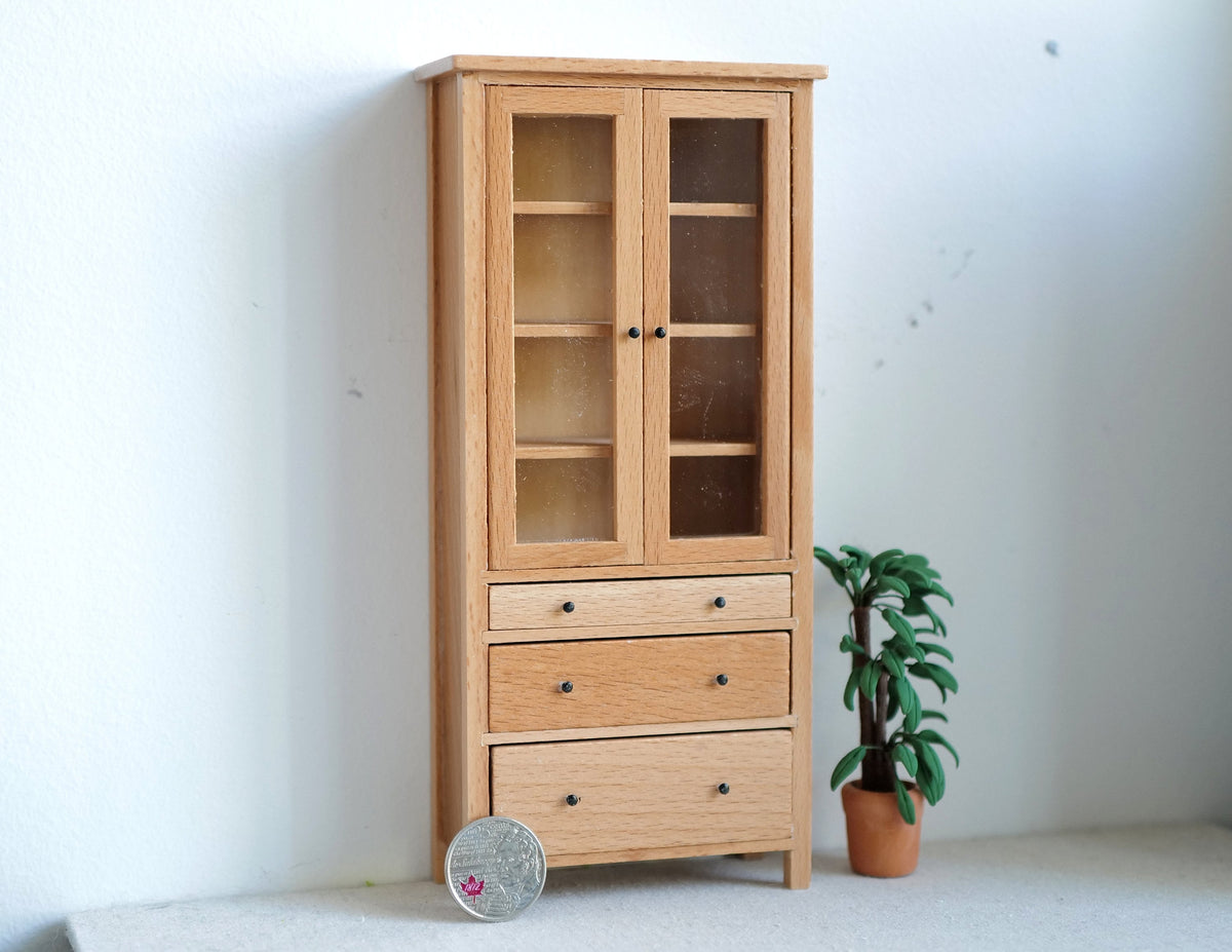 1:12 Scale Miniature Wood Tall Kitchen Cabinet, Glass Doors, 4 Shelves and 3 Drawers, 7-11/16 inch tall, DIY Dollhouse Supply (natural)