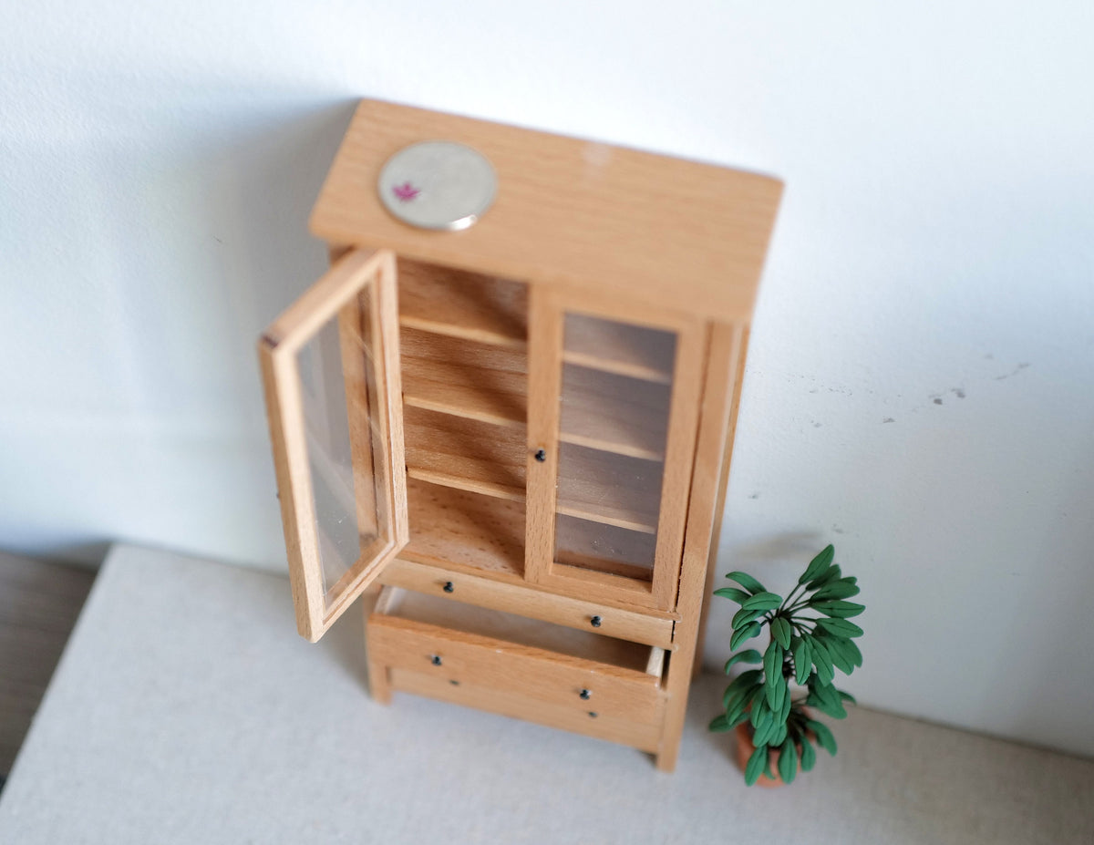 1:12 Scale Miniature Wood Tall Kitchen Cabinet, Glass Doors, 4 Shelves and 3 Drawers, 7-11/16 inch tall, DIY Dollhouse Supply (natural)