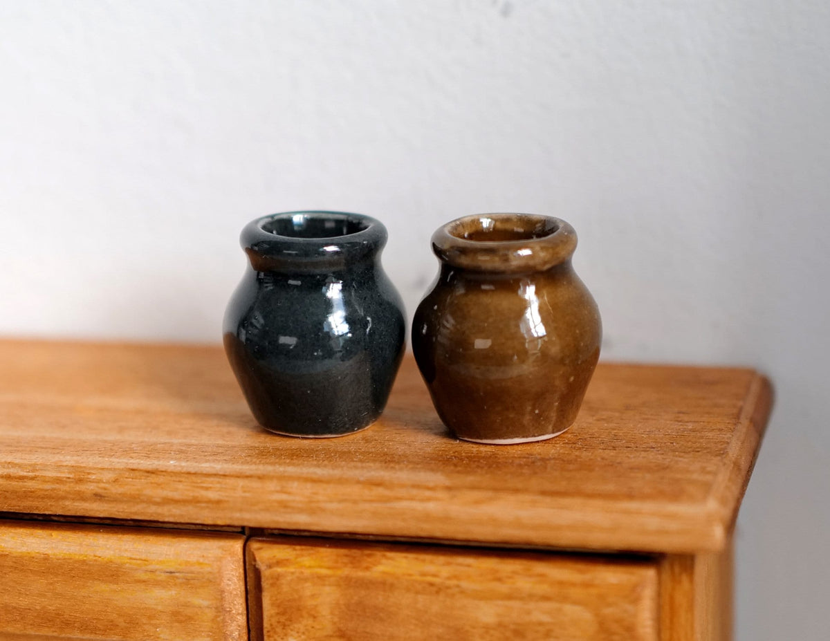 1:12 Scale Miniature Glazed Clay Flower Pots, Set of 2, 13/16 inch tall, DIY Dollhouse Supply (teal and brown)