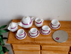 1:12 Scale Miniature Porcelain Tea Set, Red Stripe, Set of 15, 13/16 inch tall, DIY Dollhouse Supply (white)