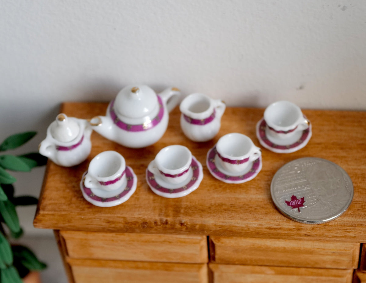 1:12 Scale Miniature Porcelain Tea Set, Red Stripe, Set of 15, 13/16 inch tall, DIY Dollhouse Supply (white)