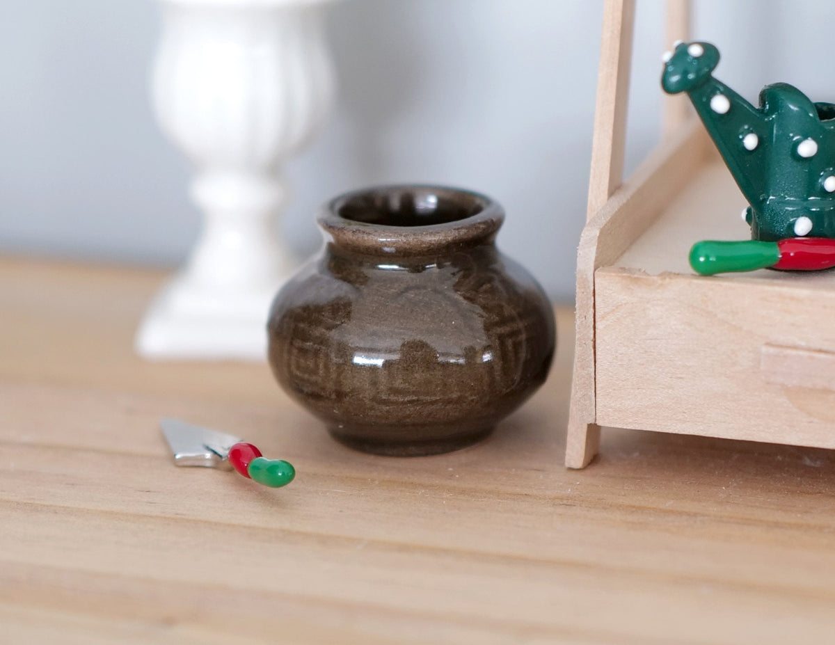 1:12 Scale Miniature Ceramic Round Vase, Wide Mouth, 1 inch tall, DIY Dollhouse Supply (dark olive brown)