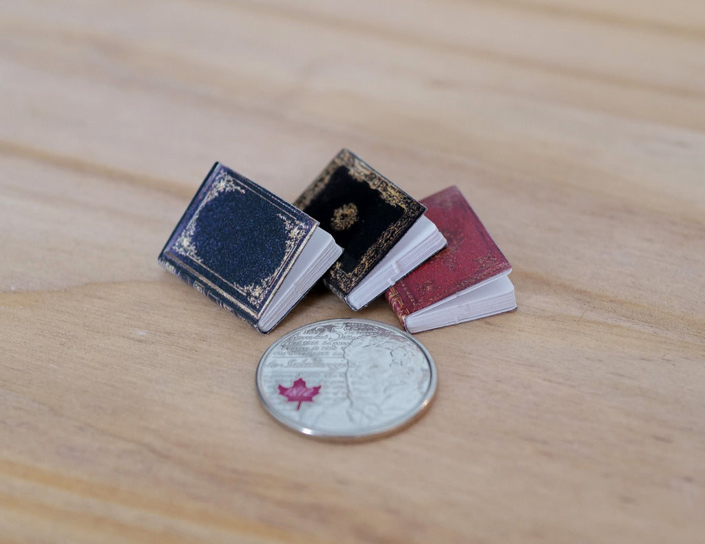 1:12 scale miniature books that open, set of 3 with blue, black and red covers, shown beside a coin for scale