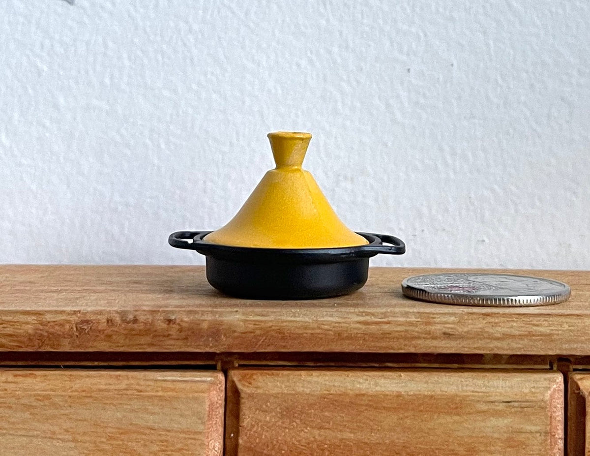 1:12 Scale Miniature Metal Tagine Pot with Conical Lid, 7/8 inch tall, DIY Dollhouse Supply (yellow)