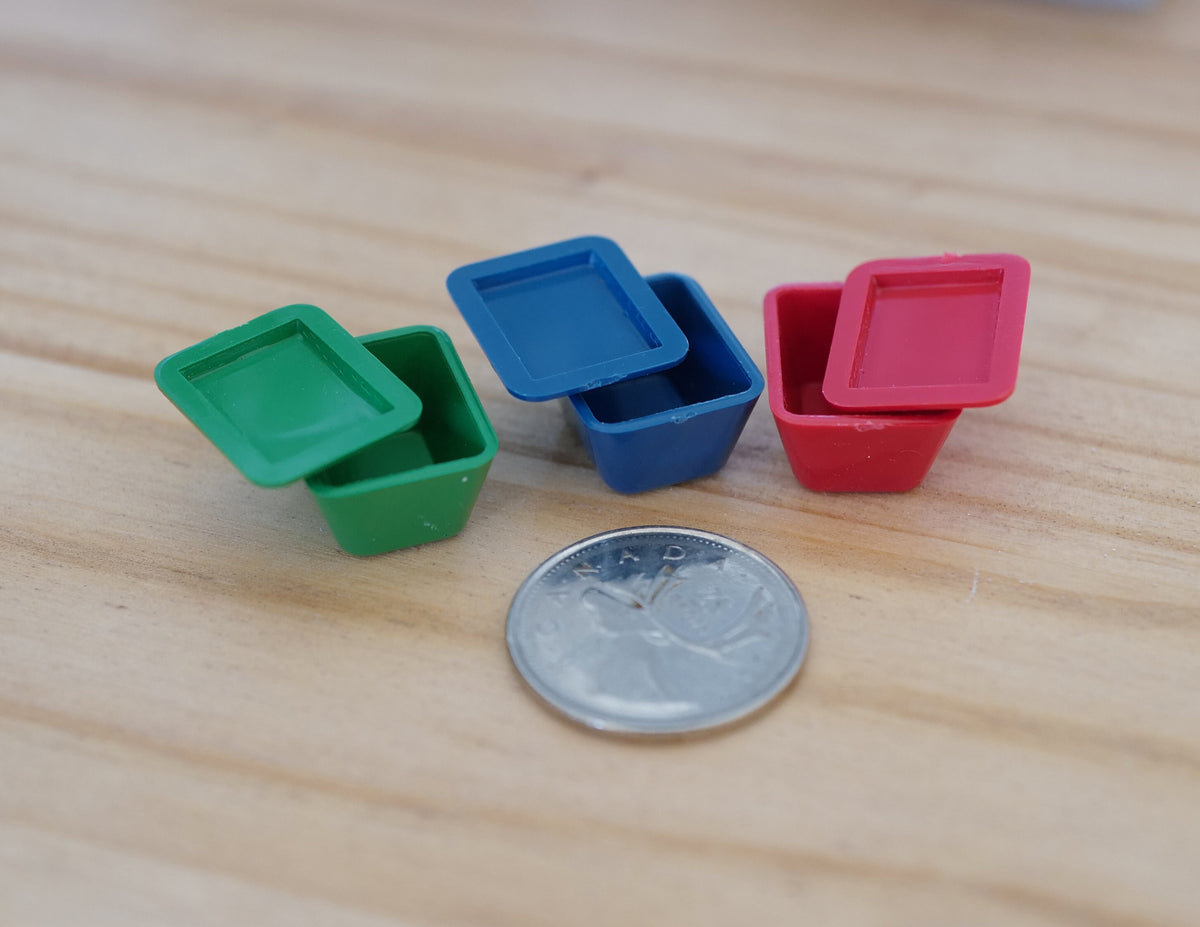 1:12 Scale Miniature Square Food Storage Containers, Set of 3, 13/16 inch long, DIY Dollhouse Supply (green, blue and red)