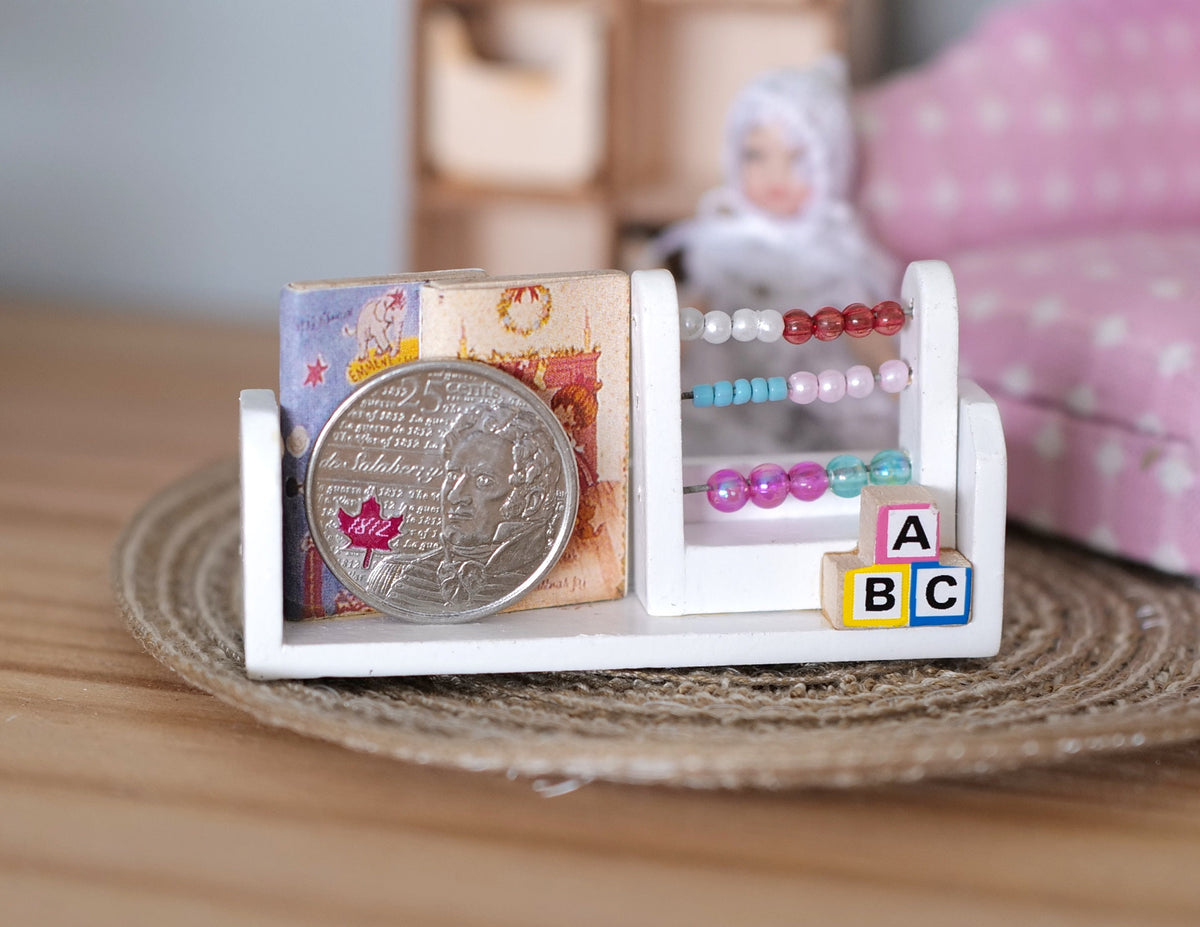 1:12 Scale Miniature Wood Book Display Stand with Books, 2-3/4 inch wide, DIY Dollhouse Supply (white)