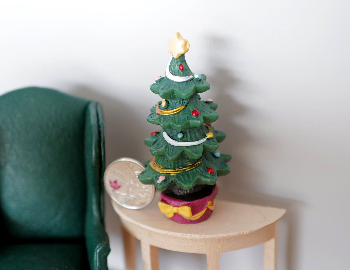 1:12 Scale Miniature Decorated Christmas Tree with Top Star, Red and Gold Pot, 3-1/8 inch tall, DIY Dollhouse Supply