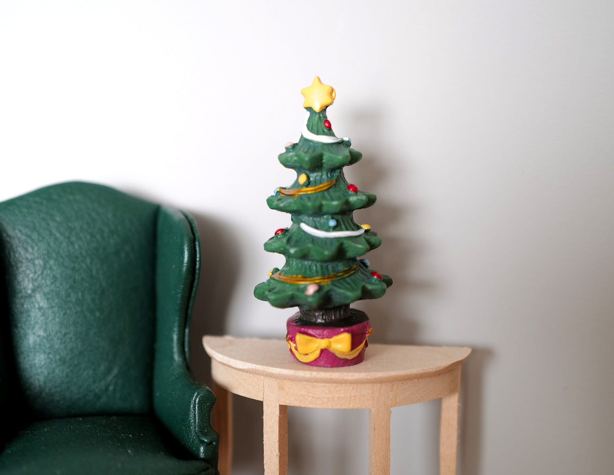 1:12 Scale Miniature Decorated Christmas Tree with Top Star, Red and Gold Pot, 3-1/8 inch tall, DIY Dollhouse Supply