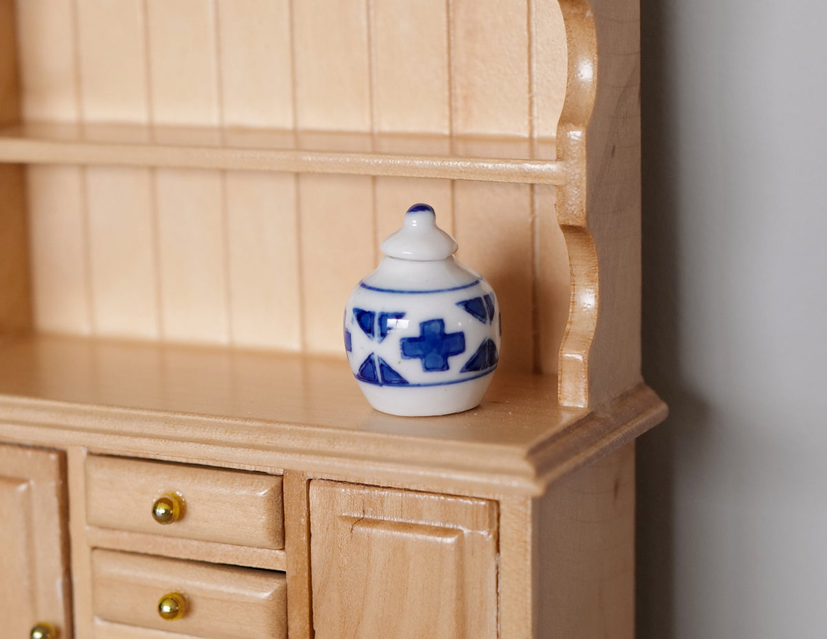 1:12 Scale Miniature Ceramic Jar with Lid, 1 inch tall, DIY Dollhouse Supply (blue and white)