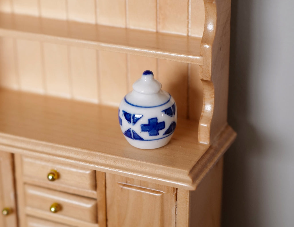 1:12 Scale Miniature Ceramic Jar with Lid, 1 inch tall, DIY Dollhouse Supply (blue and white)