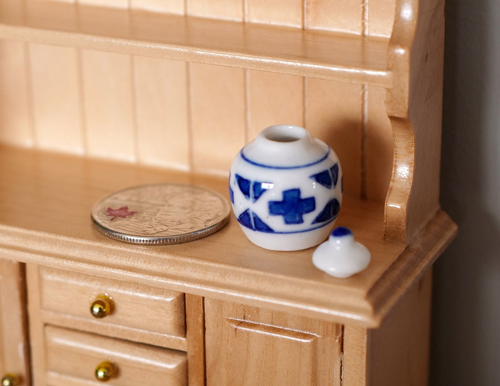 1:12 Scale Miniature Ceramic Jar with Lid, 1 inch tall, DIY Dollhouse Supply (blue and white)