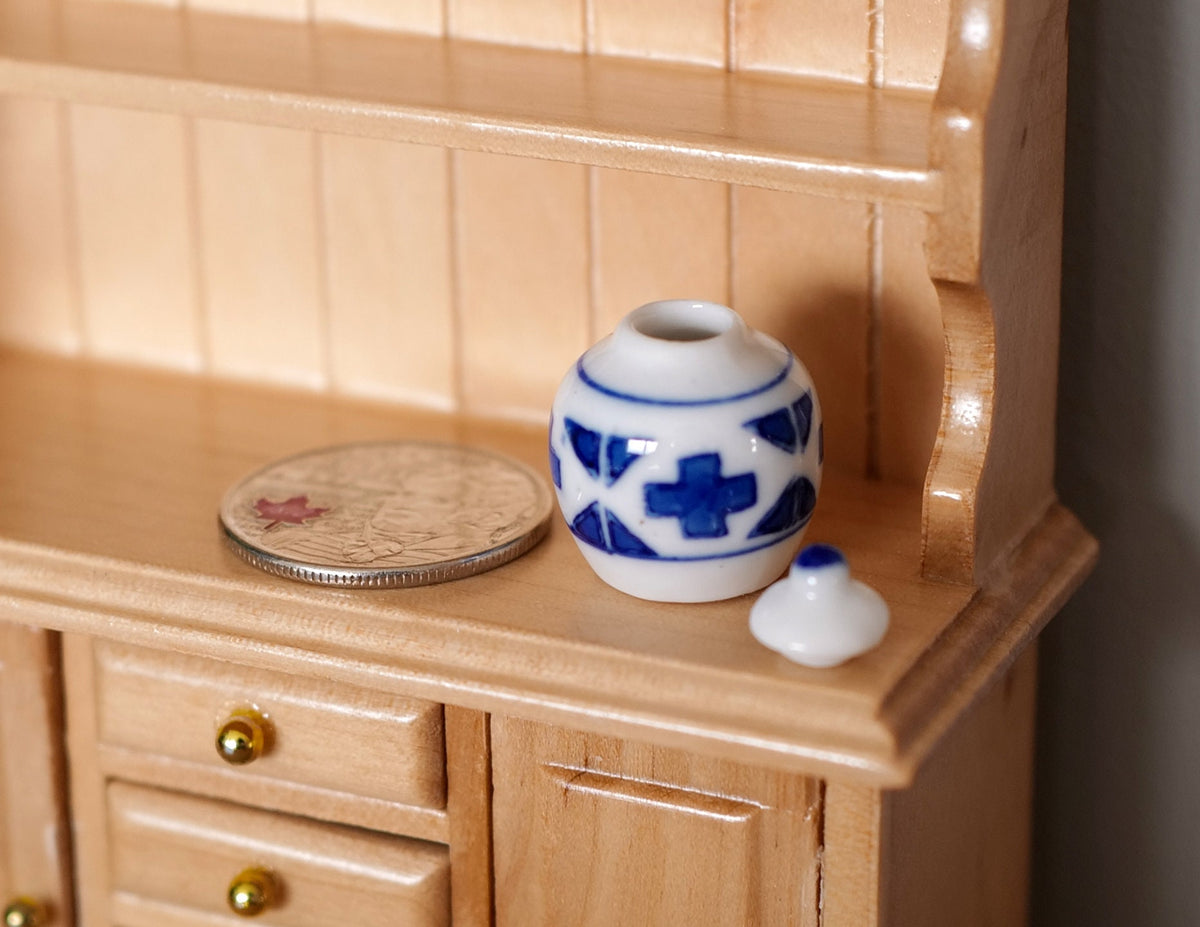 1:12 Scale Miniature Ceramic Jar with Lid, 1 inch tall, DIY Dollhouse Supply (blue and white)