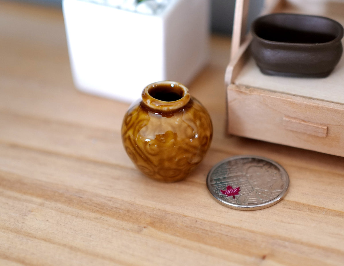 1:12 Scale Miniature Glazed Ceramic Planter Jar, 1 inch tall, DIY Dollhouse Supply (amber brown)