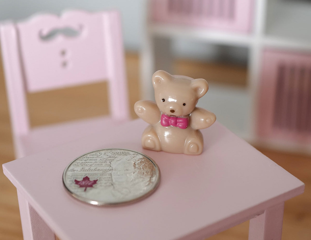 1:12 Scale Miniature Tiny Bear with Pink Bow, 13/16 inch tall, DIY Dollhouse Supply