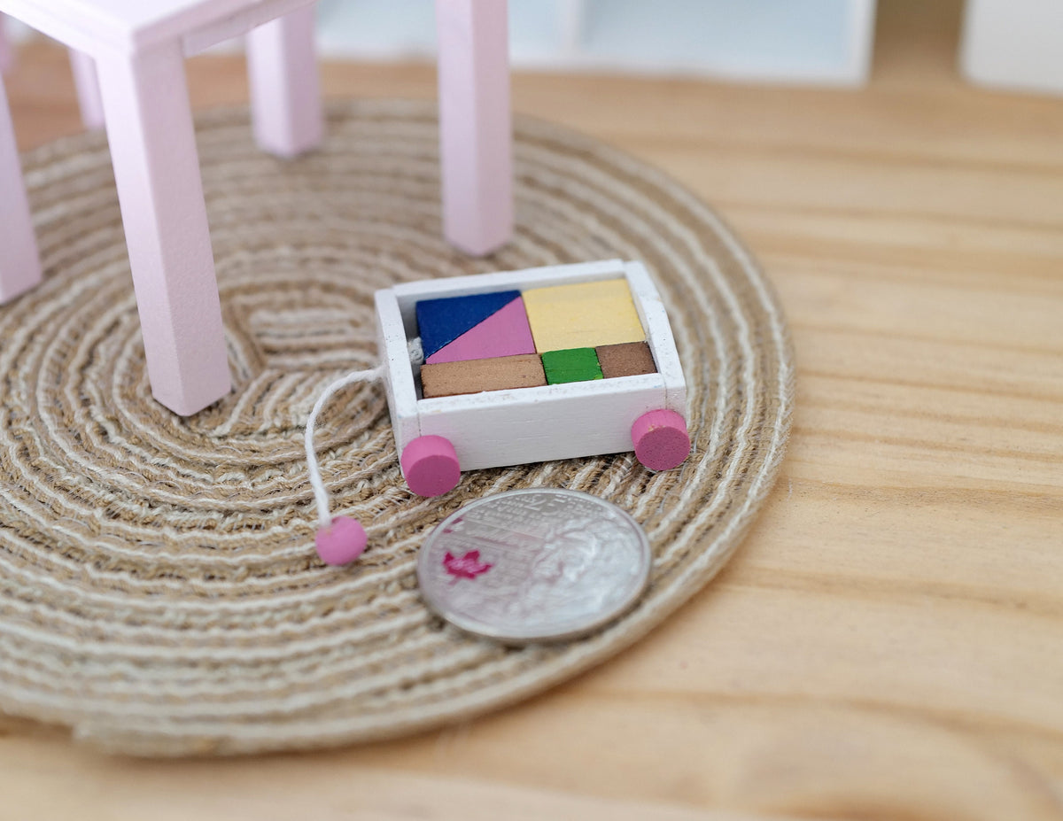 1:12 Scale Miniature Wood Pull Along Wagon with Building Blocks, 3-9/16 inch long, DIY Dollhouse Supply