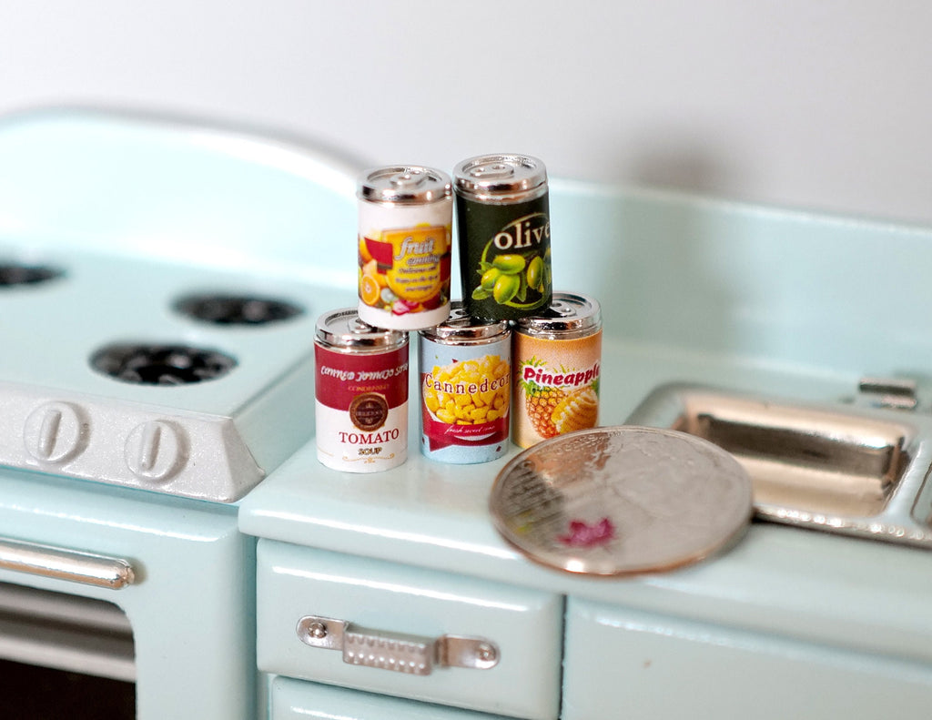1:12 Scale Miniature Fruit Tin Cans, Set of 5, 1/2 inch tall, DIY Dollhouse Supply (metal)