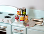 1:12 Scale Miniature Fruit Tin Cans, Set of 5, 1/2 inch tall, DIY Dollhouse Supply (metal)