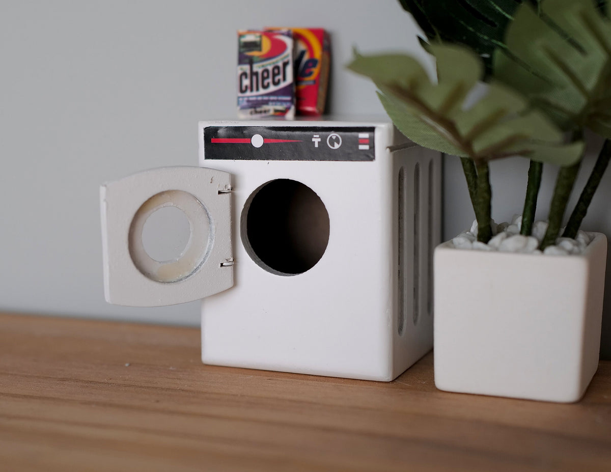 1:12 Scale Miniature Front Load Washing Machine with Black Door Ring, 2-3/8 inch tall, DIY Dollhouse Supply (white)