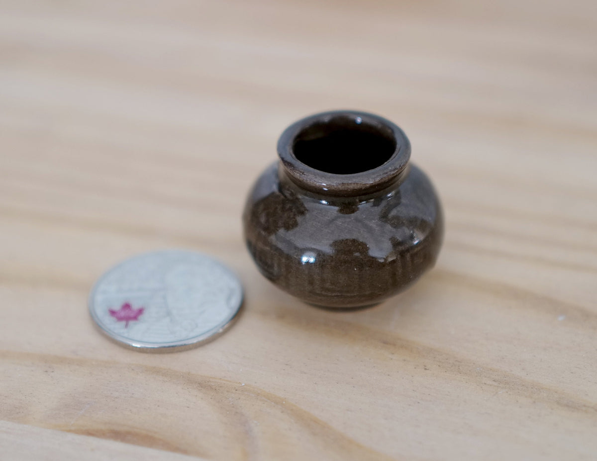 1:12 Scale Miniature Ceramic Round Vase, Wide Mouth, 1 inch tall, DIY Dollhouse Supply (dark olive brown)