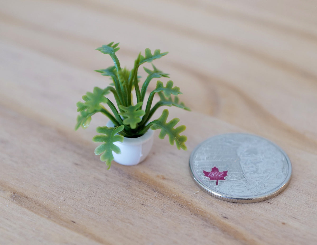 1:12 Scale Miniature Potted Fern in White Pot, 1-3/16 inch tall, DIY Dollhouse Supply (dark green)