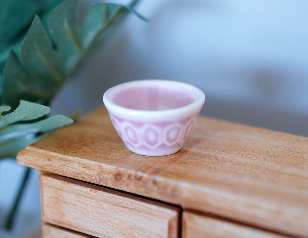 1:12 Scale Miniature Ceramic Bowl with Pink Pattern, 1-1/8 inch wide, DIY Dollhouse Supply