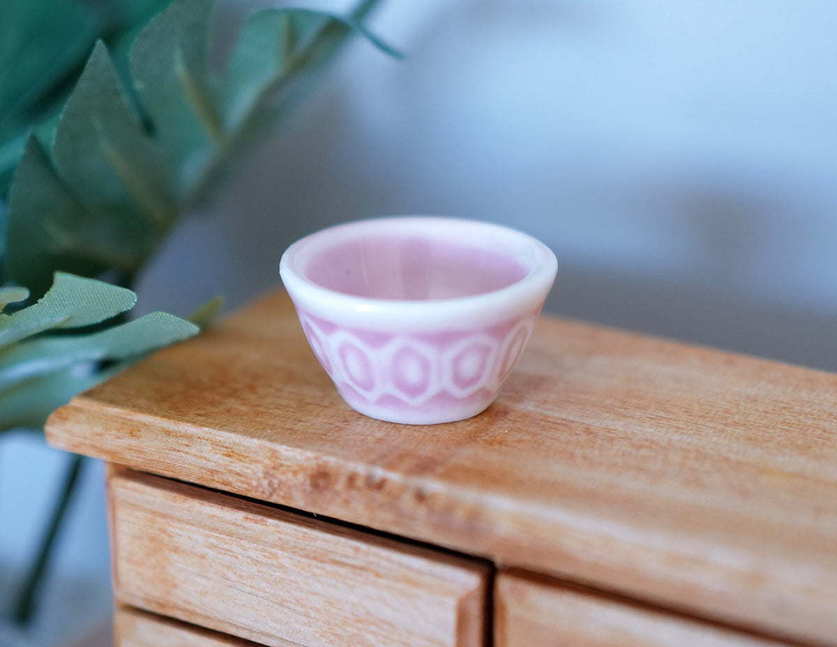 1:12 Scale Miniature Ceramic Bowl with Pink Pattern, 1-1/8 inch wide, DIY Dollhouse Supply