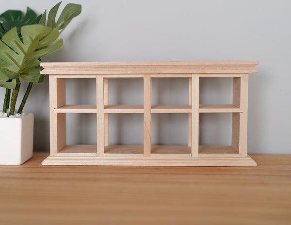 1:12 Dollhouse Miniature 4 x 2 shelf unpainted wooden storage cabinet 1 12th scale miniature, foyer table, living room storage - J014