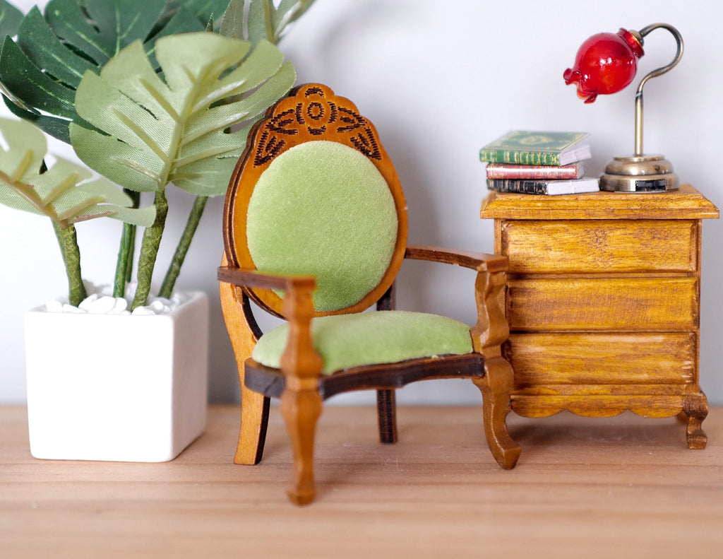 1:12 Scale Miniature Wood Armchair with Oval Back, Light Green Upholstered Seat, 3-3/8 inch tall, DIY Dollhouse Supply