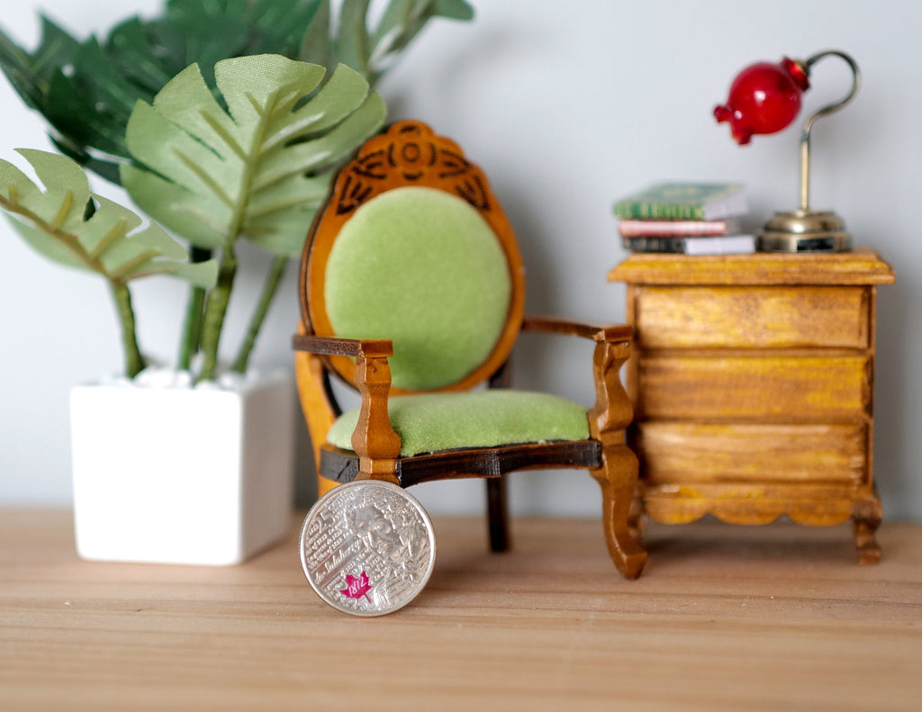 1:12 Scale Miniature Wood Armchair with Oval Back, Light Green Upholstered Seat, 3-3/8 inch tall, DIY Dollhouse Supply