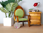 1:12 Scale Miniature Wood Armchair with Oval Back, Light Green Upholstered Seat, 3-3/8 inch tall, DIY Dollhouse Supply