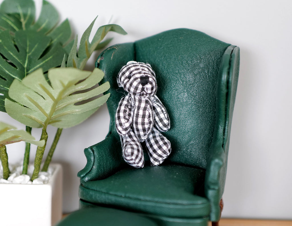 1:12 Scale Miniature Plaid Plush Bear with Black Nose, 2-3/8 inch tall, DIY Dollhouse Supply (black and white)