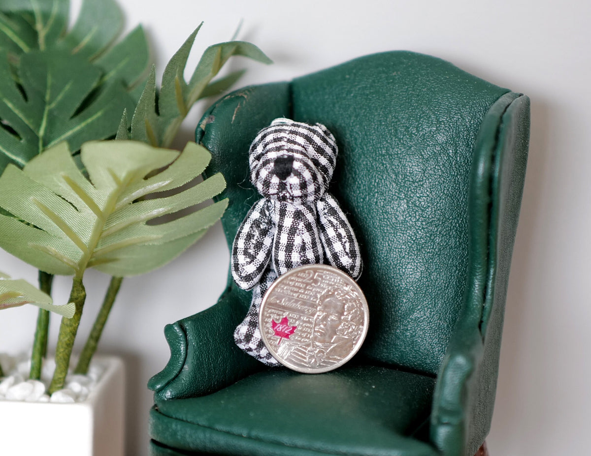 1:12 Scale Miniature Plaid Plush Bear with Black Nose, 2-3/8 inch tall, DIY Dollhouse Supply (black and white)