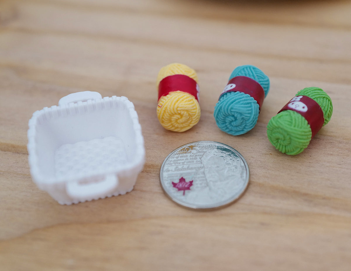 1:12 Scale Miniature Square Knitting Basket with 4 Yarn Skeins, 1-1/2 inch long, DIY Dollhouse Supply (white)