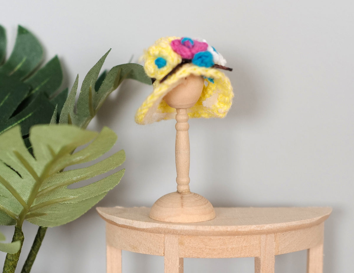 1:12 Scale Miniature Cloche Hat with Wood Hat Stand, Floral Patchwork, 2-1/16 inch tall, DIY Dollhouse Supply