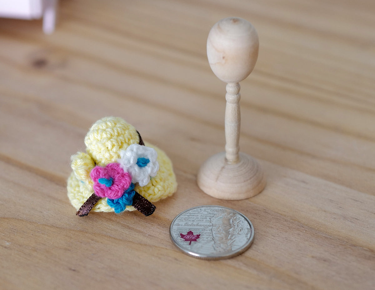1:12 Scale Miniature Cloche Hat with Wood Hat Stand, Floral Patchwork, 2-1/16 inch tall, DIY Dollhouse Supply