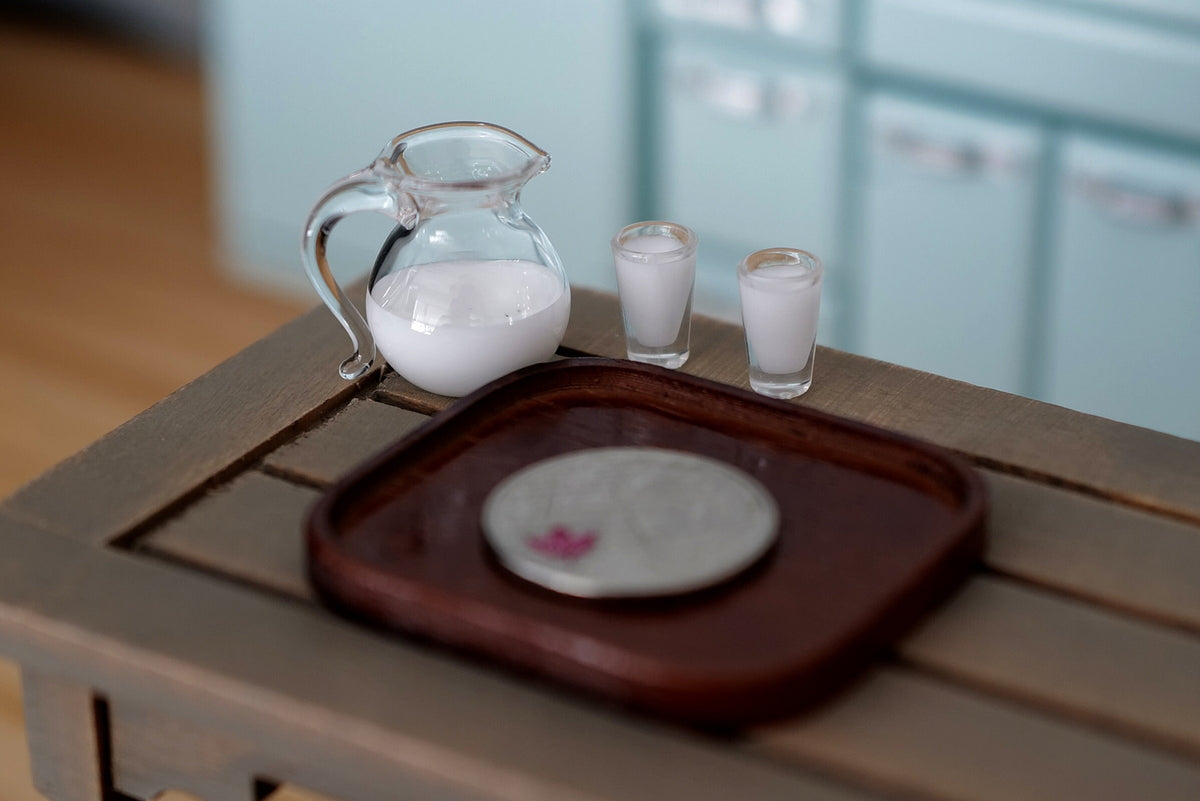 1:12 Scale Miniature Milk Jug Set with 2 Glasses and Tray, 7/8 inch tall, DIY Dollhouse Supply