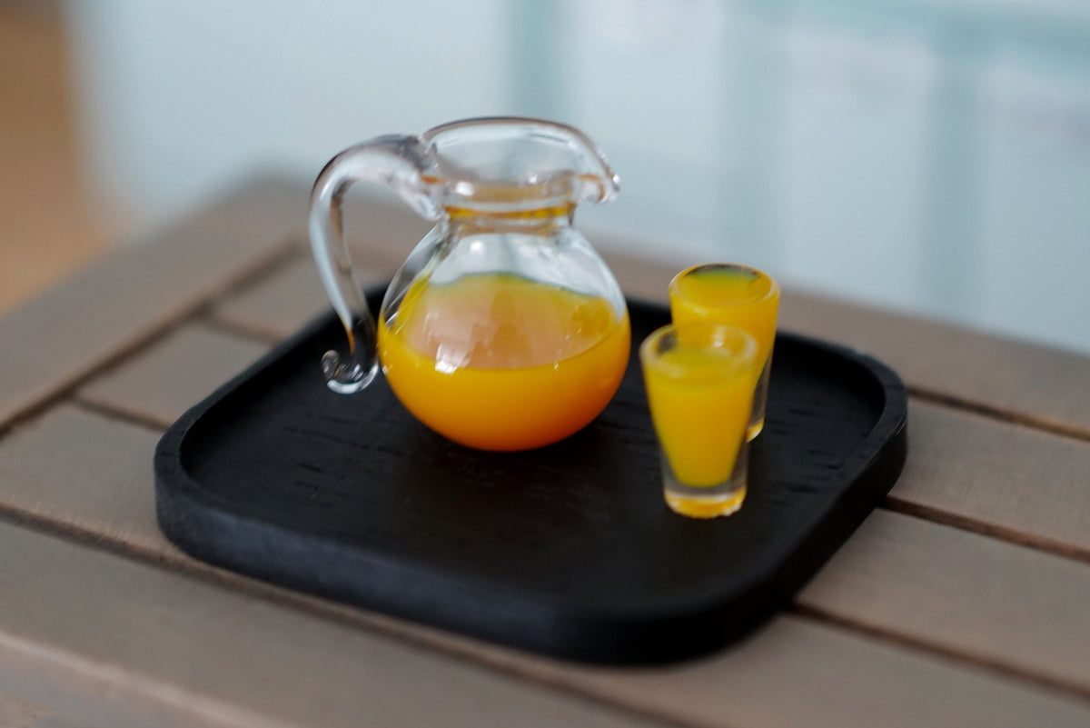 1:12 Scale Miniature Orange Juice Set, Jug, 2 Glasses and Tray, Set of 4, DIY Dollhouse Supply