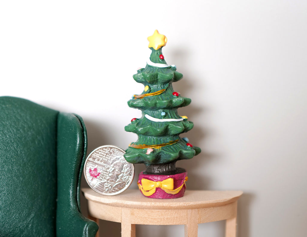 1:12 Scale Miniature Decorated Christmas Tree with Top Star, Red and Gold Pot, 3-1/8 inch tall, DIY Dollhouse Supply