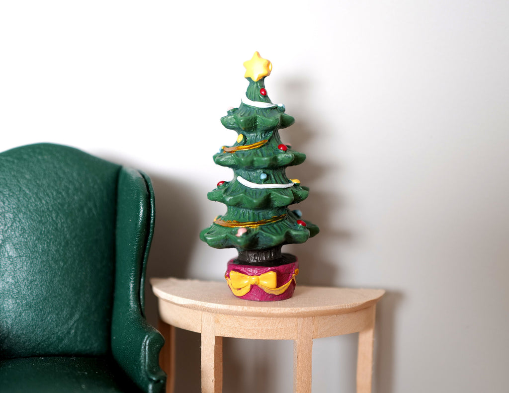 1:12 Scale Miniature Decorated Christmas Tree with Top Star, Red and Gold Pot, 3-1/8 inch tall, DIY Dollhouse Supply