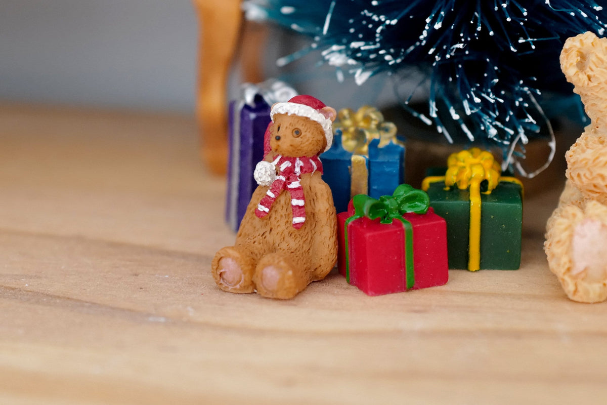 1:12 Scale Miniature Christmas Teddy Bear with Santa Hat and Scarf, Extra Small, 13/16 inch tall, DIY Dollhouse Supply (beige)