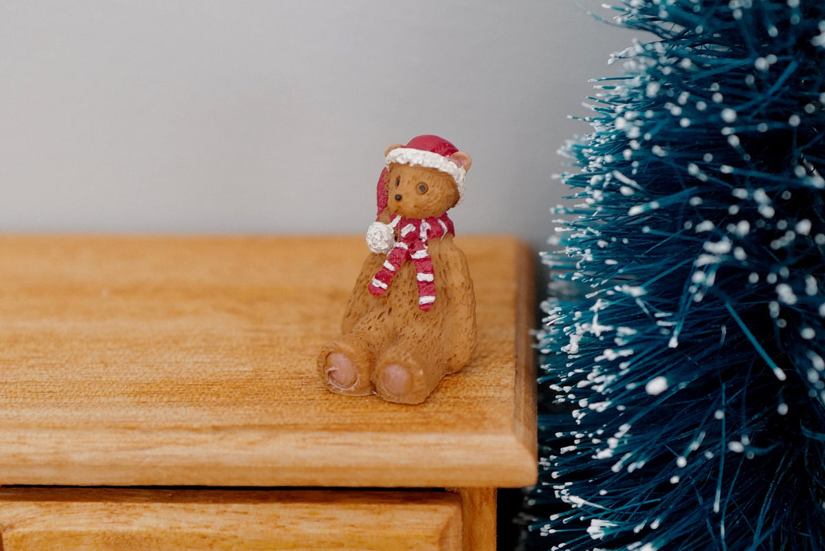 1:12 Scale Miniature Christmas Teddy Bear with Santa Hat and Scarf, Extra Small, 13/16 inch tall, DIY Dollhouse Supply (beige)