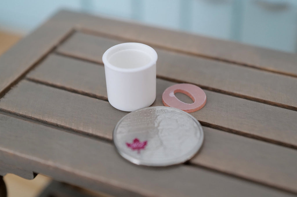 1:12 Scale Miniature Tabletop Tissue Roll Holder with Tissue, 9/16 inch tall, DIY Dollhouse Supply (white and pink)