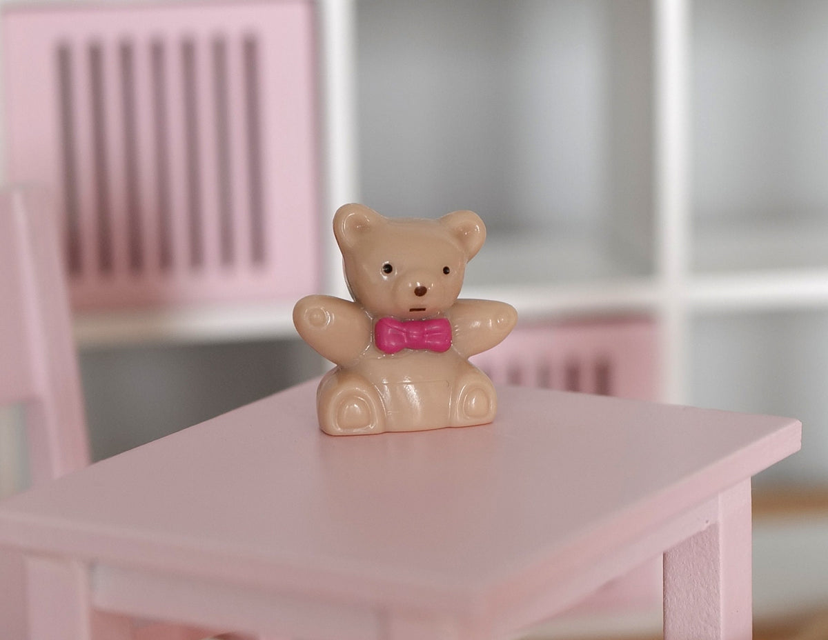 1:12 Scale Miniature Tiny Bear with Pink Bow, 13/16 inch tall, DIY Dollhouse Supply